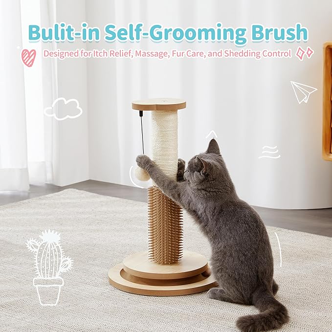 Made4Pets Cat Scratching Post 18" Tall for Small Kittens, 4-in-1 Cat Scratcher with Natural Sisal Ropes, Wooden Turntable Track Toy with Self Grooming Brush, Premium Scratch Pole with Plush Balls - PAWPICO