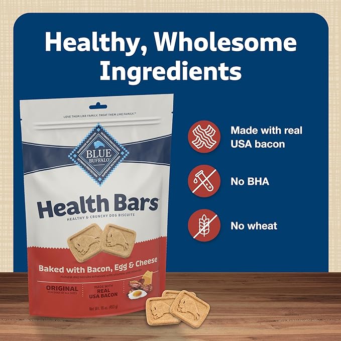Blue Buffalo Health Bars Crunchy Dog Biscuits, Oven-Baked With Natural Ingredients, Bacon, Egg & Cheese , 16-oz. Bag - PAWPICO
