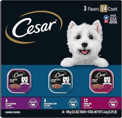 CESAR Adult Soft Wet Dog Food Filets in Gravy Variety Pack, Filet Mignon, New York Strip and Prime Rib Flavors, (24) 3.5 oz. Trays - PAWPICO