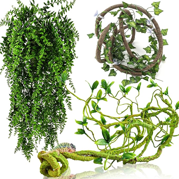 HERCOCCI Reptile Vines, Flexible Jungle Climbing Vines Terrarium Plastic Plants and Leaves Tank Accessories Decor for Gecko Snake Lizard Bearded Dragon Hermit Crab Frog HERCOCCI