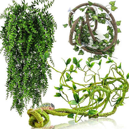 HERCOCCI Reptile Vines, Flexible Jungle Climbing Vines Terrarium Plastic Plants and Leaves Tank Accessories Decor for Gecko Snake Lizard Bearded Dragon Hermit Crab Frog HERCOCCI