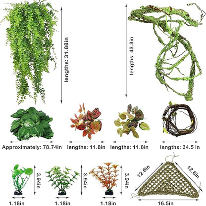 kathson 10 PCS Reptile Vines Plants Flexible Bendable Jungle Climbing Vine Terrarium Plastic Plant Leaves Pet Tank Habitat Decor for Bearded Dragons Lizards Geckos Snakes Frogs and More Reptiles kathson