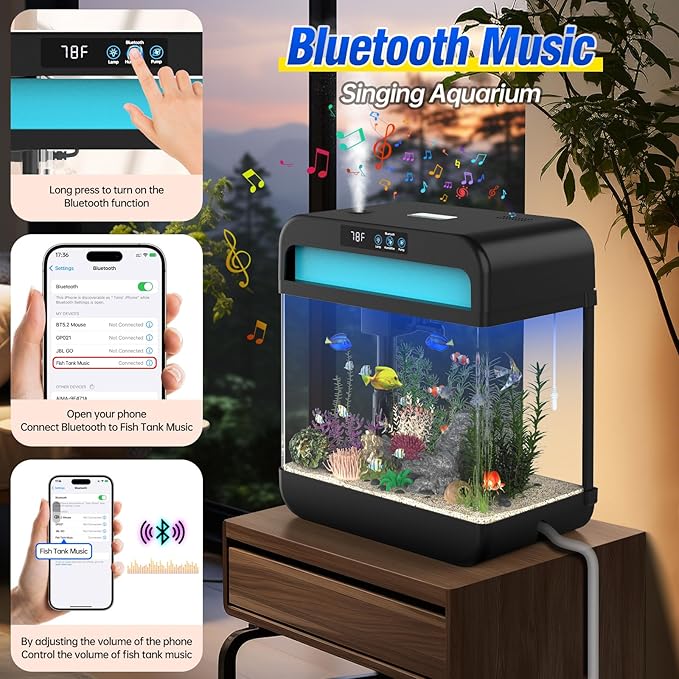 Small Fish Tank Aquarium 2.2 Gallon Glass Fish Tank Starter Kits with Silent Filter Pump, LED Light, humidifier and Betta Fish Tank Wilody