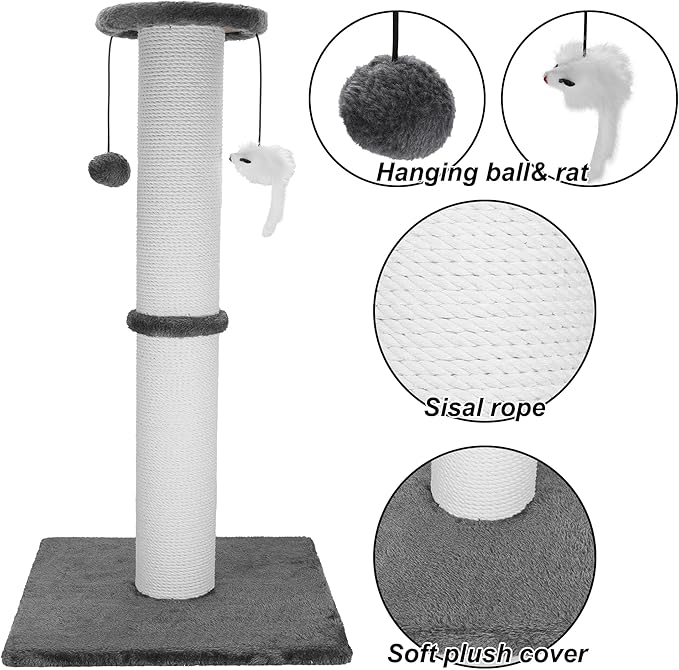 Cat Scratching Post 34 Inches Heavy Duty and Thicker Cat Scratching Post Sisal Rope with Hanging Ball and Mice Scratching Post for Indoor Cats and Adult(Grey) - PAWPICO