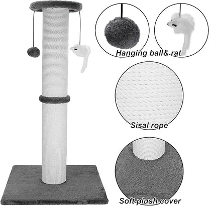 Cat Scratching Post 34 Inches Heavy Duty and Thicker Cat Scratching Post Sisal Rope with Hanging Ball and Mice Scratching Post for Indoor Cats and Adult(Grey) - PAWPICO
