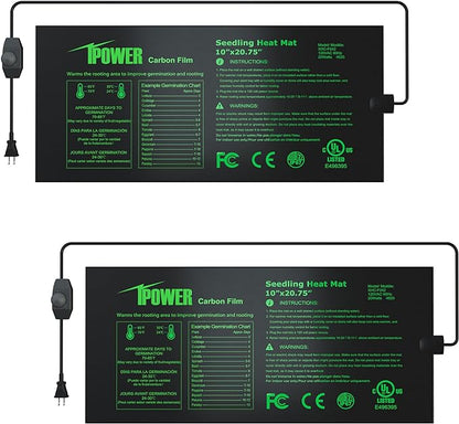 iPower 2 Pack 10" x 20.75" Seeding Heat Mat with Thermostat Temperature Adjustable Knob Durable Warm Hydroponic Plant Germination Starting Pad, Black iPower
