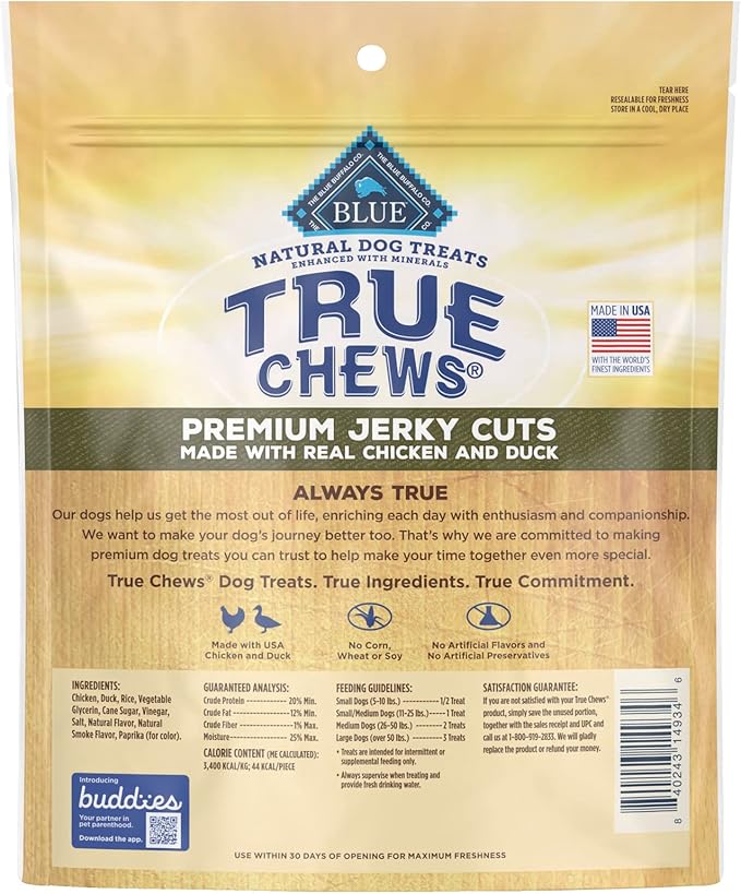 Blue Buffalo True Chews Premium Jerky Cuts Dog Treats, Made in the USA with Natural Ingredients, Duck, 12-oz Bag - PAWPICO