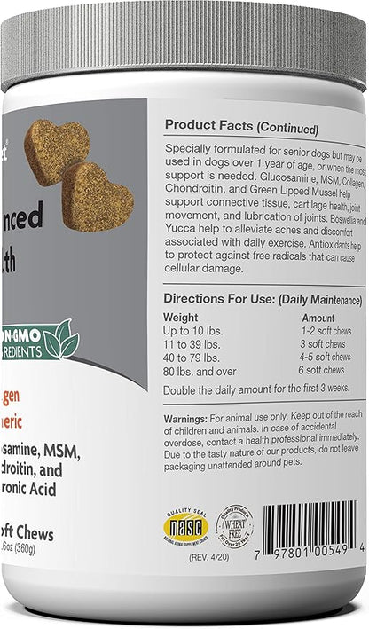 NaturVet Senior Advanced Joint Health Dog Supplement – Includes Glucosamine, MSM, Chondroitin, Collagen – Helps Supports Canine Joint Health Function – 120 Ct. Soft Chews NaturVet