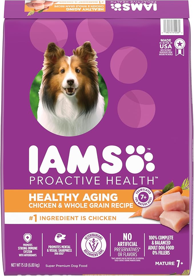 IAMS Proactive Health Healthy Aging Adult Dry Dog Food for Mature and Senior Dogs with Real Chicken, 15 lb. Bag - PAWPICO