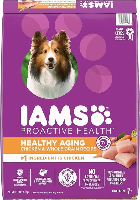 IAMS Proactive Health Healthy Aging Adult Dry Dog Food for Mature and Senior Dogs with Real Chicken, 15 lb. Bag - PAWPICO