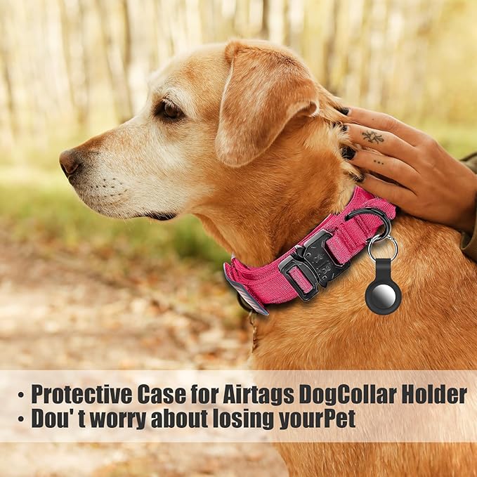 Tactical Dog Collar and Bungee Leash,Military Dog Collar & Leash Set with USA American Flag Adjustable K9 Collar with Heavy Duty Metal Buckle & Handle,with Patches and Airtags Case (Pink(1PCS), XL) Celifelight