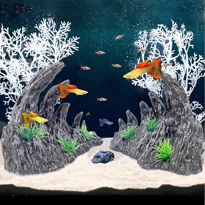 Aquarium Decoration Large and Tall for Fish Tank Rock Thematic Ornaments Aquarium Mountain View Stone Ornaments Aquarium Decor Shelter House Cave Fish Tank Decoration - Medium VMCN