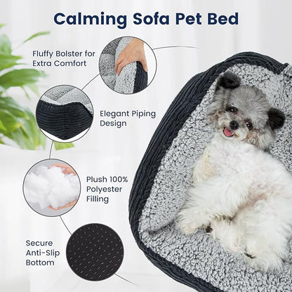 Miguel Washable Dog Bed with Removable Cushion for Small Dogs, Easy to Wash Pet Sofa Bed with Side, Rectangle Bolster Cat Bed Calming Cuddle Puppy Bed with Anti-Slip Bottom, Black 18 Inch - PAWPICO