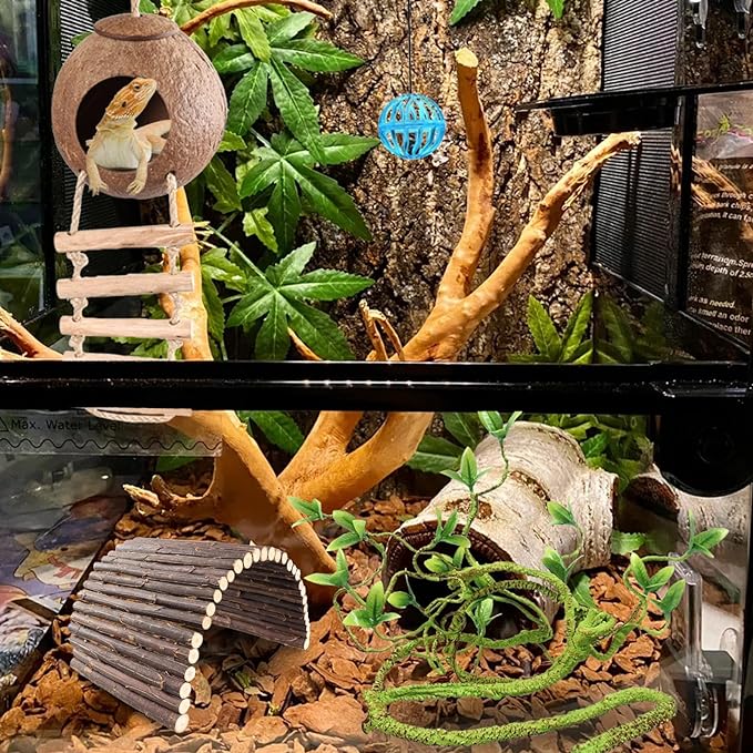 Crested Gecko Tank Accessories，Reptile Vines Plants with Coconut Shell Ladder Hideout Hermit Crab Decor for Bearded Dragon Lizard Chameleon Tortoise Snake BUYNOW