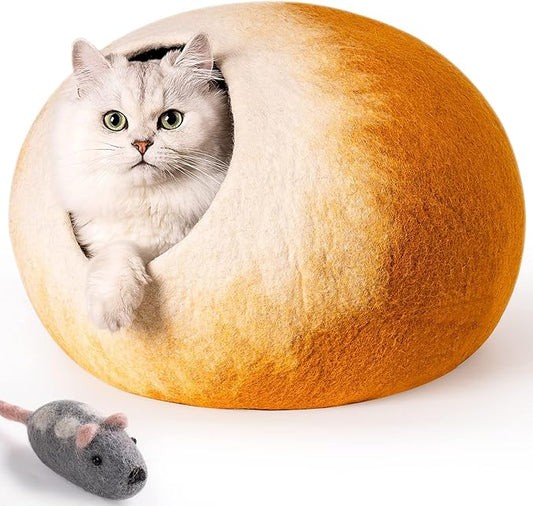 Cat Cave Bed -Handmade Wool Cat Bed Cave, Cat Bed Cat House, Felt Cat Caves for Indoor Cats and Kittens(Yellow/White) - PAWPICO