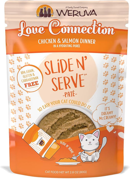 Weruva Wet Cat Food, Love Connection with Chicken and Salmon Pate, 2.8oz Slide N Serve Pouch, Pack of 12 - PAWPICO