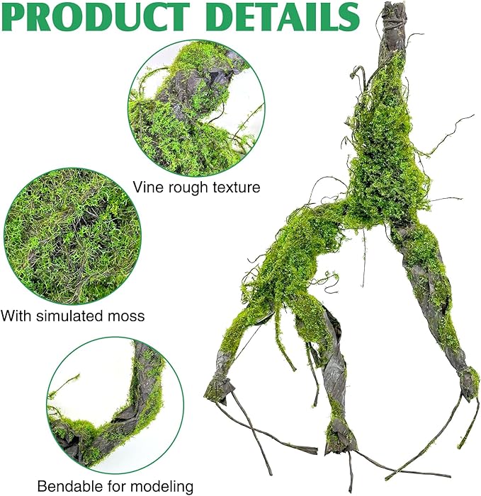 Fhiny Reptile Vines, Bendable Jungle Vines with Moss Artificial Snake Climbing Branch Terrarium Habitat Decor Reptile Tank Accessories Fake Plant for Bearded Dragon Chameleon Lizard Gecko (1.6 FT) Fhiny