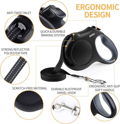 Fida Retractable Dog Leash, 16 ft Dog Walking Leash for Small Dogs up to 26 lbs, 360° Tangle Free, Black Fida