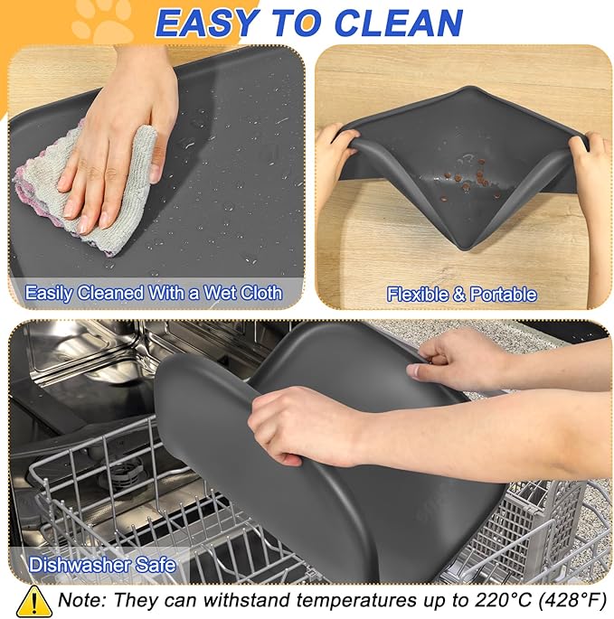Silicone Pet Feeding Mat with Raised Edge, Dog Cat Bowl Mats for Food and Water, Pet Placemat for Floors Waterproof, 22” x 14” x 0.8” Grey - PAWPICO