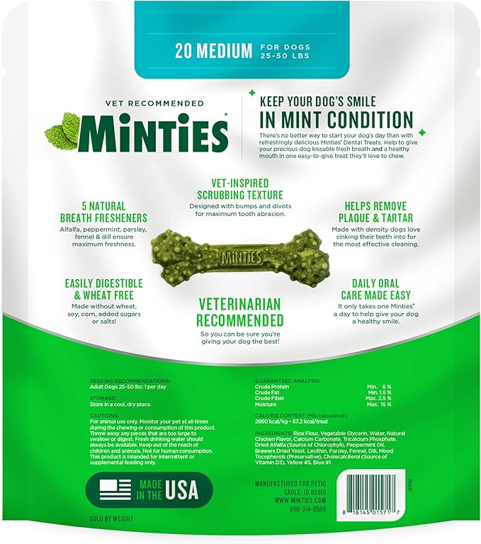 Minties Dental Chews for Dogs, 20 Count, Vet-Recommended Mint-Flavored Dental Treats for Medium Dogs 25-50 lbs, Dental Bones Clean Teeth, Fight Bad Breath, and Removes Plaque and Tartar Minties