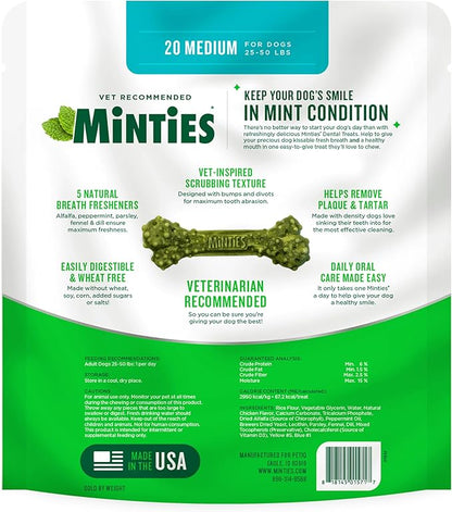 Minties Dental Chews for Dogs, 20 Count, Vet-Recommended Mint-Flavored Dental Treats for Medium Dogs 25-50 lbs, Dental Bones Clean Teeth, Fight Bad Breath, and Removes Plaque and Tartar Minties