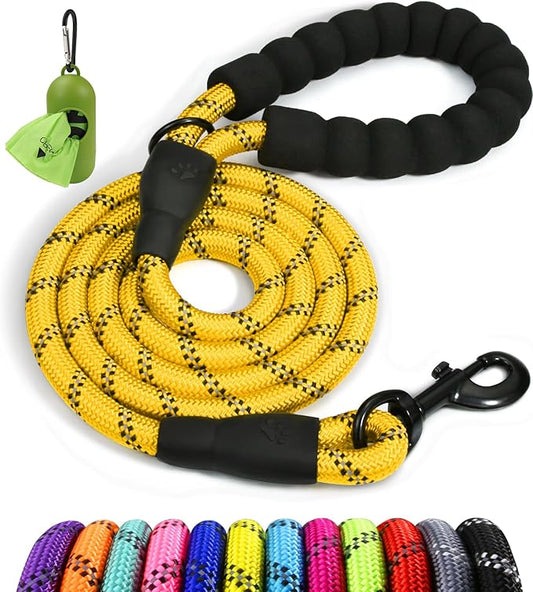 Taglory Rope Dog Leash 5 FT with Comfortable Padded Handle, Highly Reflective Threads Leash for Medium Large Dogs, 1/2 inch, Yellow Taglory