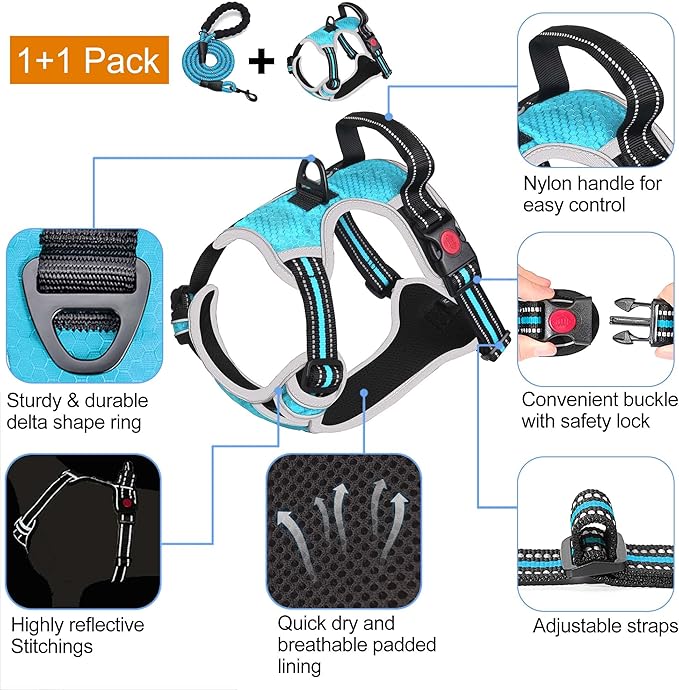 No Pull Dog Harness Adjustable Reflective Oxford Easy Control Medium Large Dog Harness with A Free Heavy Duty 5ft Dog Leash tobeDRI