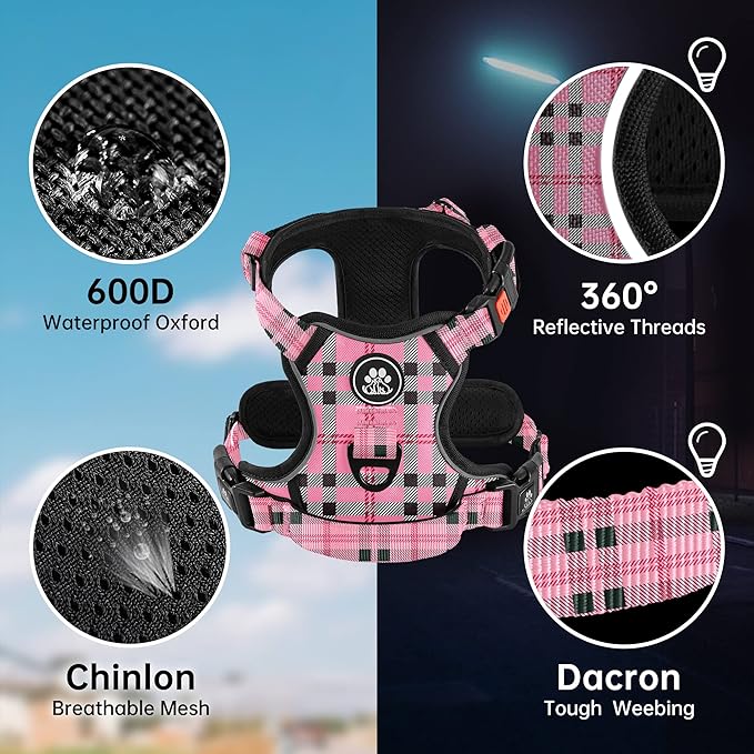 NESTROAD No Pull Dog Harness with Leash, Reflective No Choke Pet Vest Harness,Adjustable Soft Padded Dog Harness with Easy Control Handle for Medium Dogs(Checkered Pink,Medium) NESTROAD