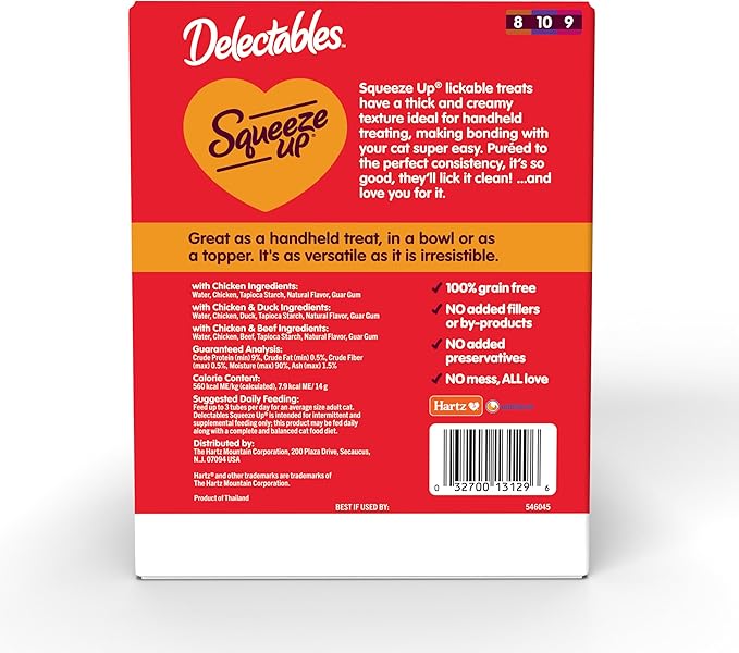 Delectables Squeeze Up Non-Seafood Variety Pack, Creamy Squeezable Puree, Lickable Wet Cat Treats, Grain Free, No Added Fillers, No By-Products, No Added Preservatives, 0.5 Ounces Tube, 72 Tubes Total Hartz