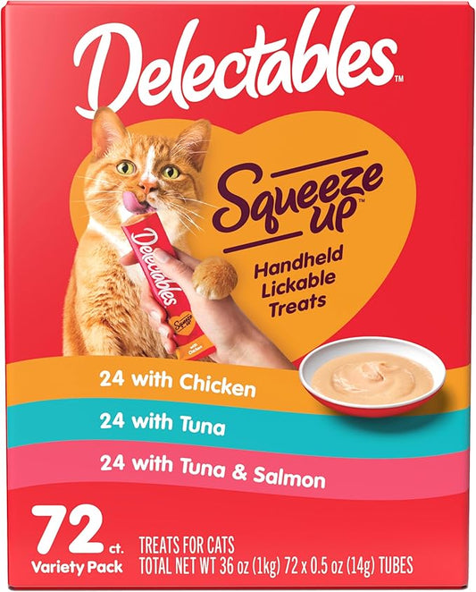 Delectables Squeeze Up Variety Pack, Creamy Squeezable Puree, Lickable Wet Cat Treats, Grain Free, No Added Fillers, No by-Products, No Added Preservatives, 0.5 Ounces Tube, 72 Tubes Total Hartz