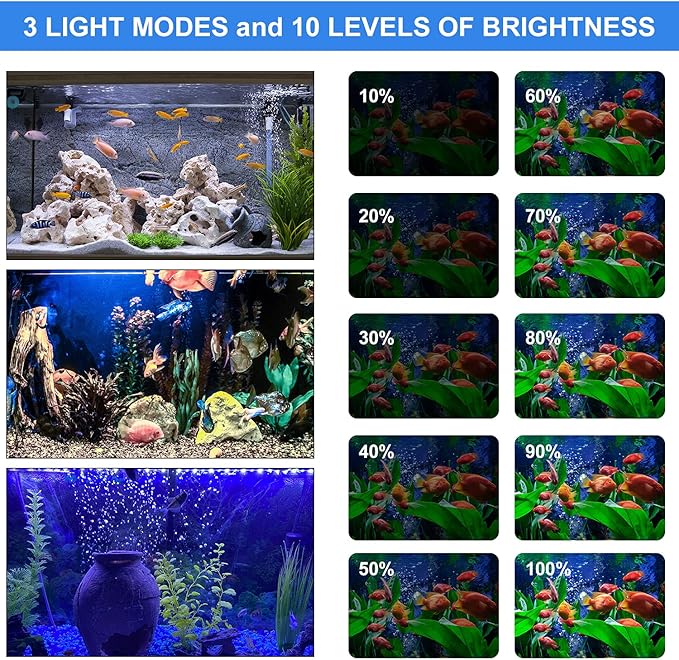 VARMHUS Submersible LED Aquarium Light,Fish Tank Light with Timer Auto On/Off Dimming Function,3 Light Modes Dimmable White-Blue,10 Brightness Levels Optional&3 Levels of timed Loop Function 7.5'' VARMHUS