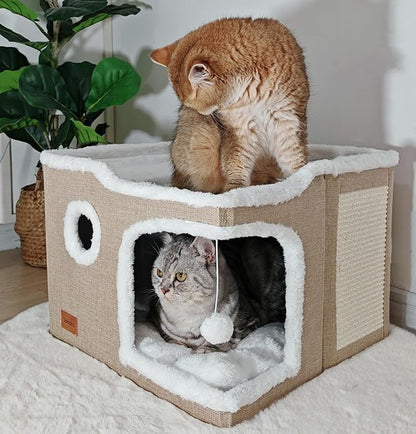 Large Cat Bed for Indoor Cats, Foldable Adult Cat Cave Anti Anxiety Cat House Cube with Scratch Pad Cat Towers, Cute Kitten Condo Hideaway Hut with Soft Pillow Mat for 2 Pets Under 30 lbs Kaki - PAWPICO