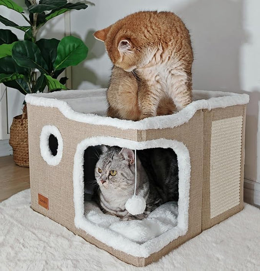 Large Cat Bed for Indoor Cats, Foldable Adult Cat Cave Anti Anxiety Cat House Cube with Scratch Pad Cat Towers, Cute Kitten Condo Hideaway Hut with Soft Pillow Mat for 2 Pets Under 30 lbs Kaki - PAWPICO