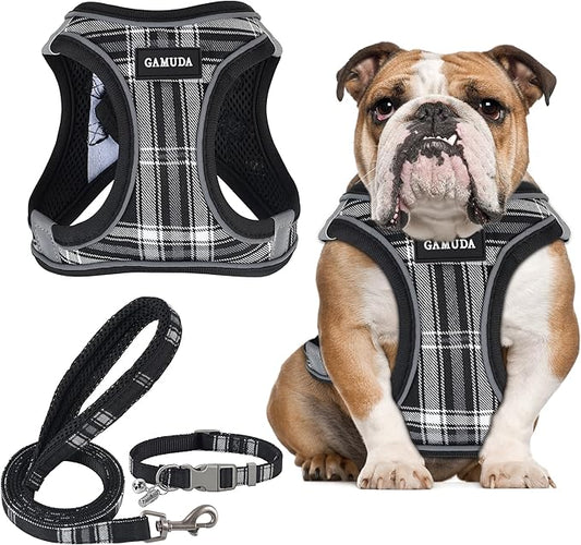 GAMUDA Small Dog Harness Collar and Leash Set, Step in No Chock No Pull Soft Mesh Adjustable Dog Vest Harnesses Plaid Reflective for Dogs Puppy Cats Kitten Rabbit (Black, XL) GAMUDACollarsCollection
