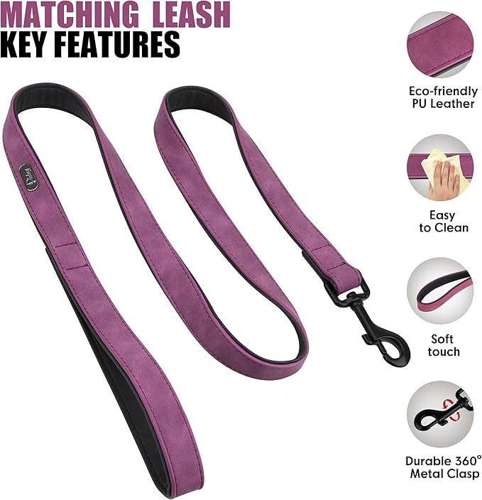 Didog Soft Padded Leather Dog Collar and Leash Set, Heavy Duty Dog Leash and Collar Set with Metal Buckle, Breathable Dog Collars with 4FT Leather Dog Leash for Small Medium Large Dogs, Purple, XL Didog