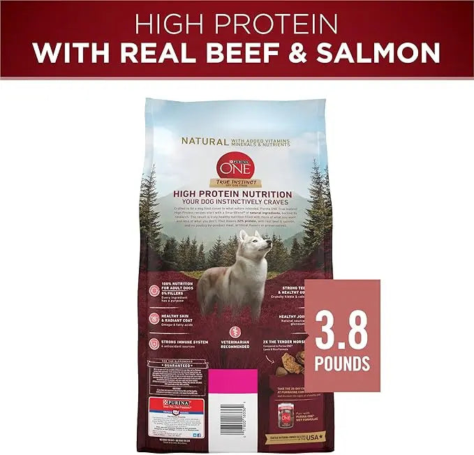 Purina ONE Natural High Protein Dry Dog Food Dry True Instinct with Real Beef and Salmon With Bone Broth and Added Vitamins, Minerals and Nutrients - (Pack of 4) 3.8 lb. Bags - PAWPICO