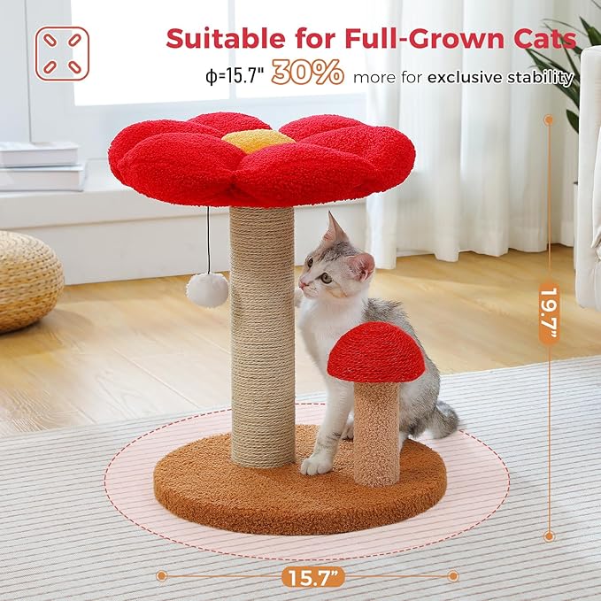 PETEPELA Cat Scratching Post, Mushroom Cat Scratcher Cute Cat Tree Tower with Thick Scratching Post & Removable Flower Cat Bed [Dia=15.7''], Tall Cat Post for Kittens and Indoor Small Cats, Brown - PAWPICO