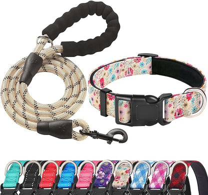 Reflective Dog Collar Padded with Soft Neoprene Breathable Adjustable Nylon Dog Collars for Small Medium Large Dogs (Small (Pack of 1), Vanila/Pink Floral Collar+Leash) ladoogo