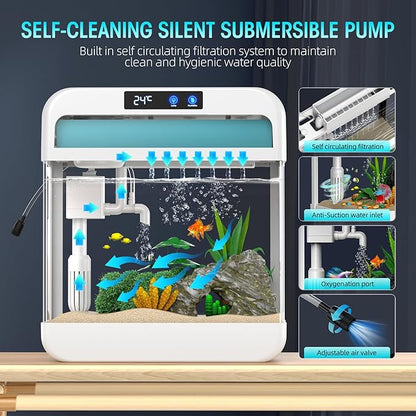 Fish Tank Aquarium 2.2 Gallon Fish Bowl with Humidifier 7 Color Auto-Looping Light 3 in 1 Quiet Pump with Filteration & Oxygenation & Circulation, Temperature Display, HD Float Glass, Thickened Base Focusonhomelifeandhealth