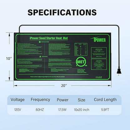iPower GLHTMTSX2-A 2-Pack 10" x 20.5" Durable Waterproof Seedling Heat Mat Warm Hydroponic Plant Germination Starting Pad, Green iPower
