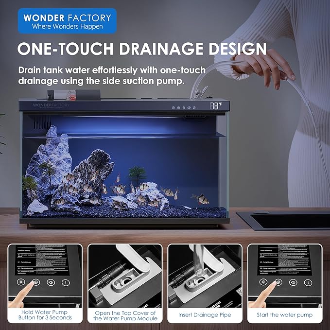 Smart Aquarium Fish Tank 5 Gallon Starter kit, Self Cleaning System Efficiency Filter 7 Color LED Lights Automatic Feeder Temperature Display Monitor HD UHA Glass Leak-Proof, Smart Control with Apps WONDERFACTORY