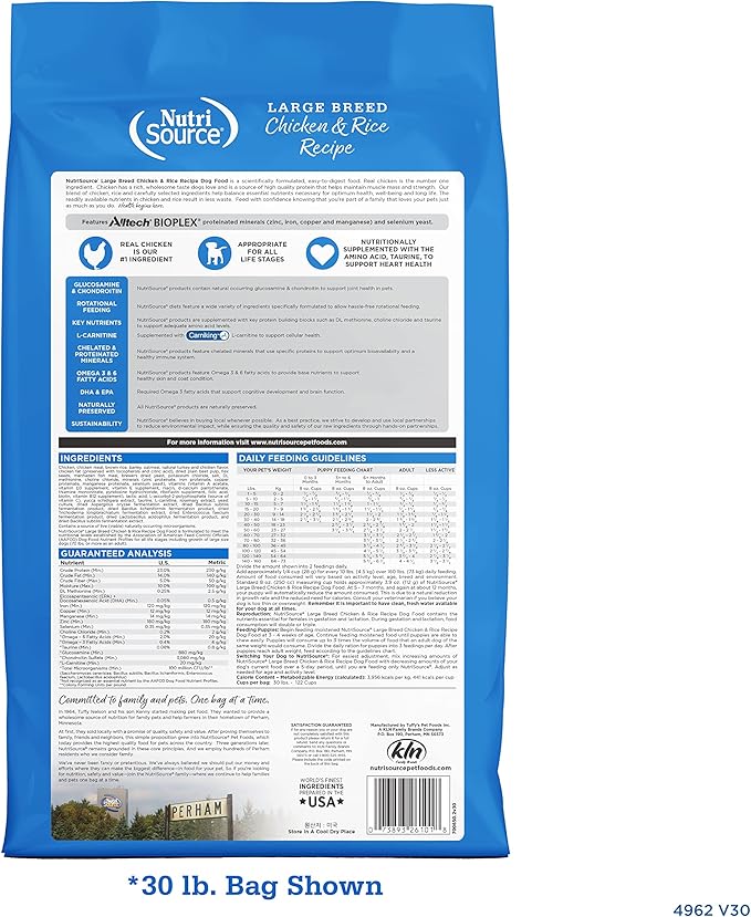 NutriSource Adult Dog Food, Made with Chicken and Rice, Large Breed, with Wholesome Grains, 30LB, Dry Dog Food - PAWPICO