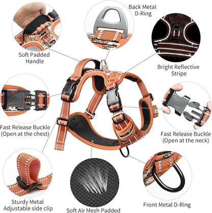 Timos Dog Harness for Large Dog, No Pull Service Vest with Reflective Strips and Control Handle,No Choke Dog Harness with 2 Metal Rings for Easy Walking,Outdoor Training,Flower Orange, L Timos