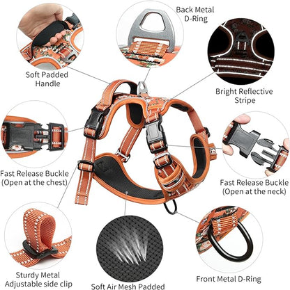 Timos Dog Harness for Large Dog, No Pull Service Vest with Reflective Strips and Control Handle,No Choke Dog Harness with 2 Metal Rings for Easy Walking,Outdoor Training,Flower Orange, XL Timos