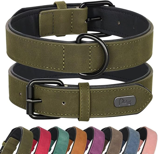 Didog Soft Padded Leather Dog Collar, Breathable Heavy Duty Dog Collar Leather with Adjustable Rust-Proof Metal Buckle for Small Medium Large Dogs, Dark Green, M Didog