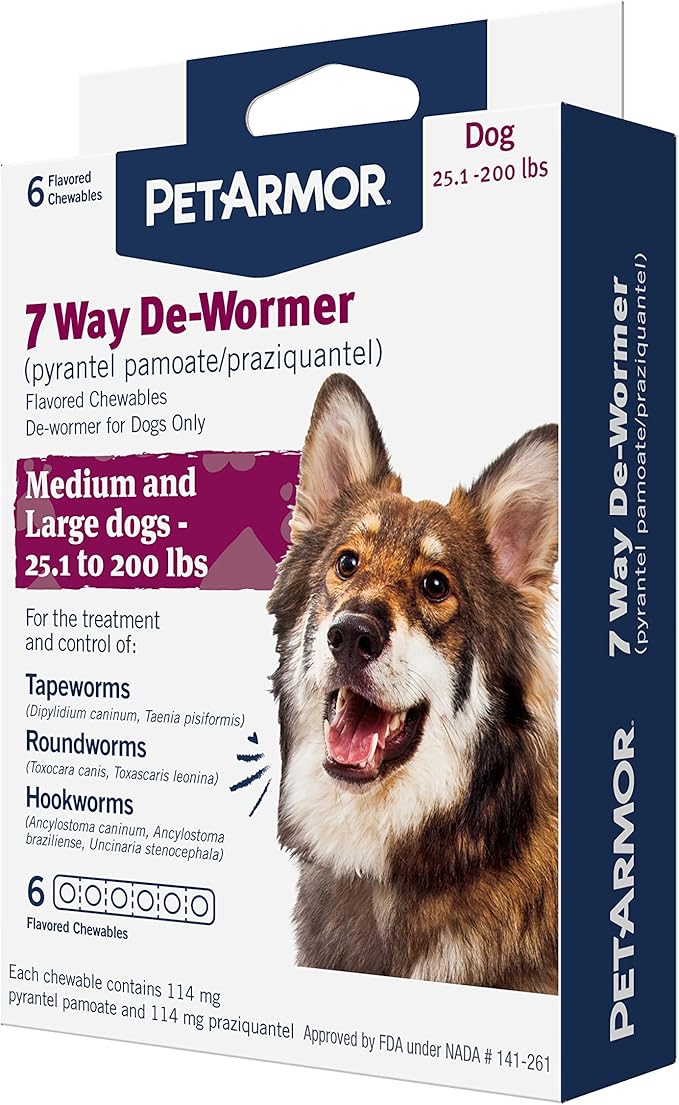 PetArmor 7 Way De-Wormer for Dogs, Oral Treatment for Tapeworm, Roundworm & Hookworm in Large Dogs & Puppies (Over 25 lbs), Worm Remover (Praziquantel & Pyrantel Pamoate), 6 Flavored Chewables PetArmor
