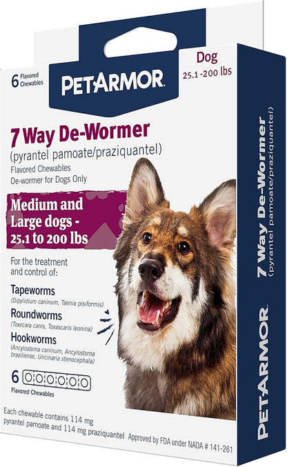 PetArmor 7 Way De-Wormer for Dogs, Oral Treatment for Tapeworm, Roundworm & Hookworm in Large Dogs & Puppies (Over 25 lbs), Worm Remover (Praziquantel & Pyrantel Pamoate), 6 Flavored Chewables PetArmor