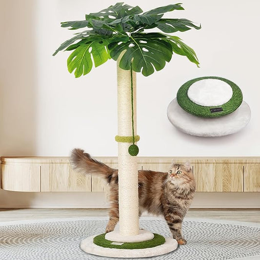 MEOWOOU Cat Scratching Post for Indoor Cats and Kitten, 35” Tall Monstera cat Scratching Post with sisal Hanging Interactive Ball, Suitable for Large Adult cat, Kitten, and All Type of Cats - PAWPICO