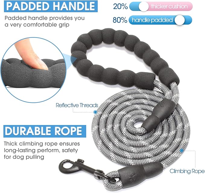 BAAPET 2/4/5/6 FT Dog Leash with Comfortable Padded Handle and Highly Reflective Threads for Small Medium and Large Dogs (5FT-1/3'', Grey) BAAPET