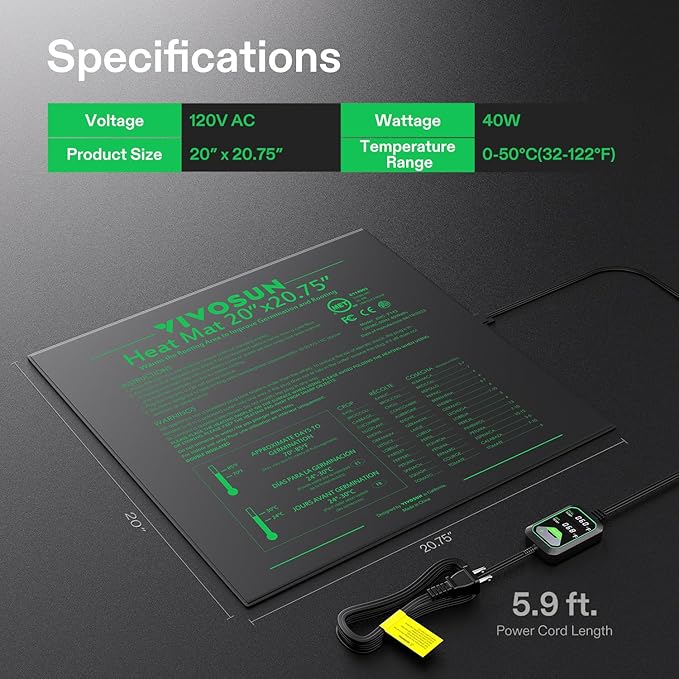VIVOSUN 20"x20.75" Seedling Heat Mat with Built-in Temperature Controller, UL & MET-Certified Waterproof Plant Heating Pad for Germination, Hydroponics, Brewing, Breeding, and Greenhouses VIVOSUN